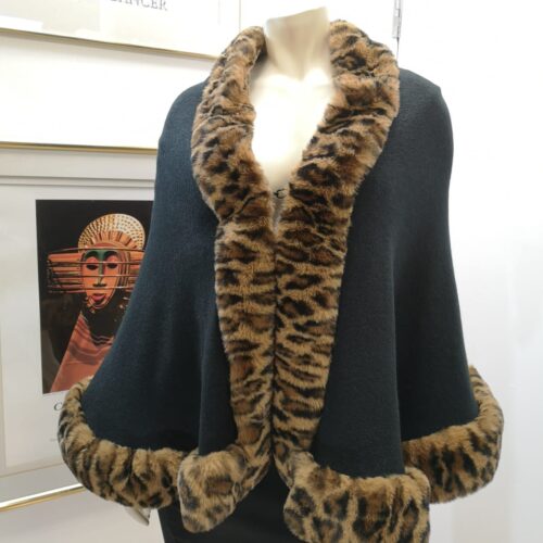 Black Poncho with Leopard Print Fur Coat