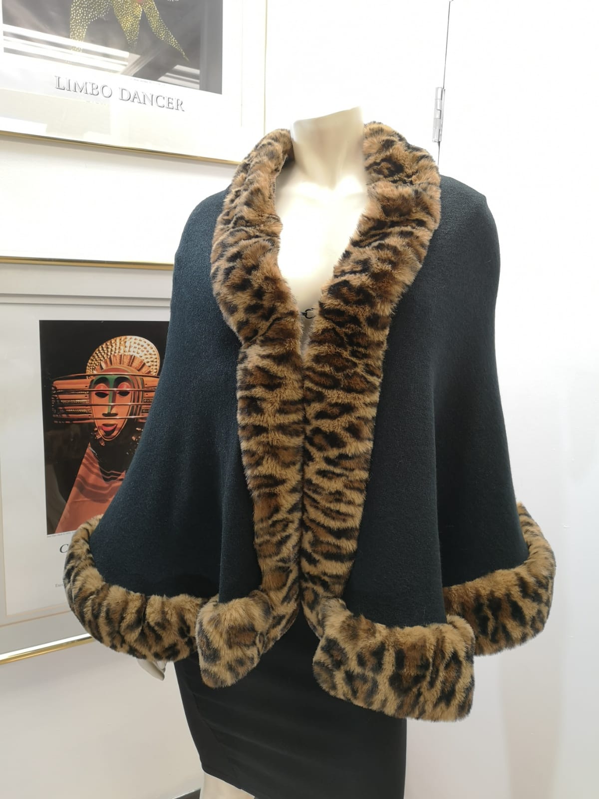 Black Poncho with Leopard Print Fur Coat