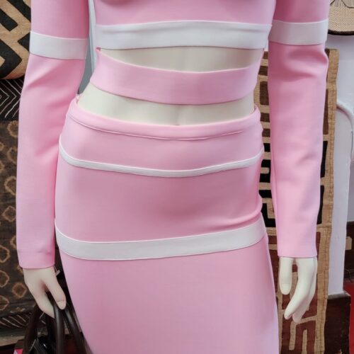 Pink Crop Top and Skirt with White Stripes