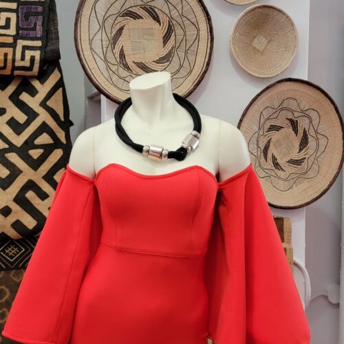 Red mini dress with long bell sleeves